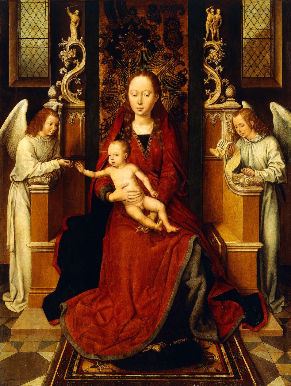 A Szűz és a Gyermek két angyallal trónol, alkotó: Hans Memling