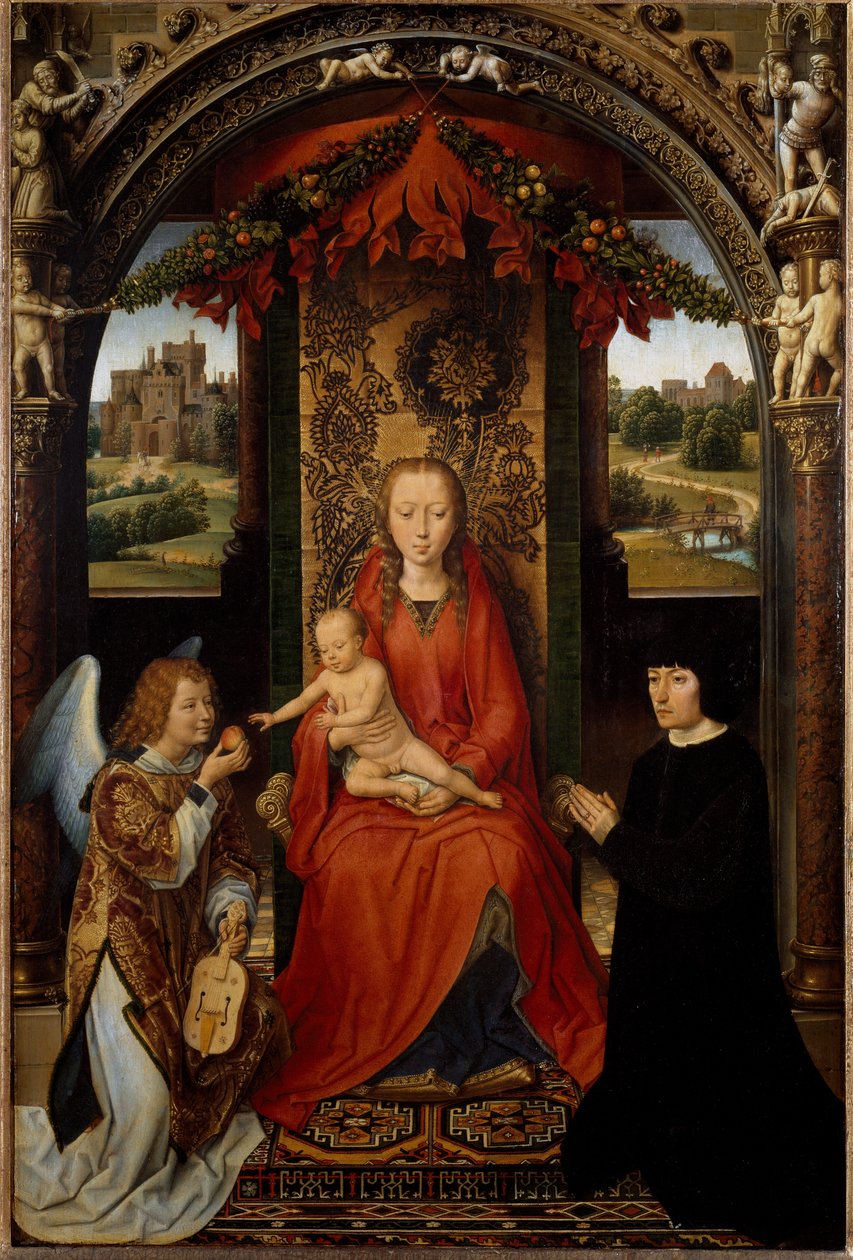 A Szűz és a Gyermek az adományozóval és egy zenész angyallal. (Festmény, 1485 körül) alkotó: Hans Memling