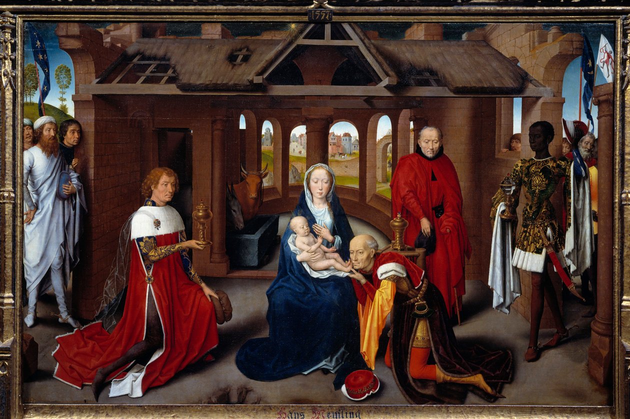 A Mágusok imádásának triptichonja: központi panel. A mágusok olyanok, mint Temeraire Károly és Jó Fülöp. Hans Memling (1433-1494) Detrempe fán. 1470 körül, V. 0,95x1,45 m Madrid. Musee du Prado. - A Mágusok imádásának triptichonja: cent alkotó: Hans Memling