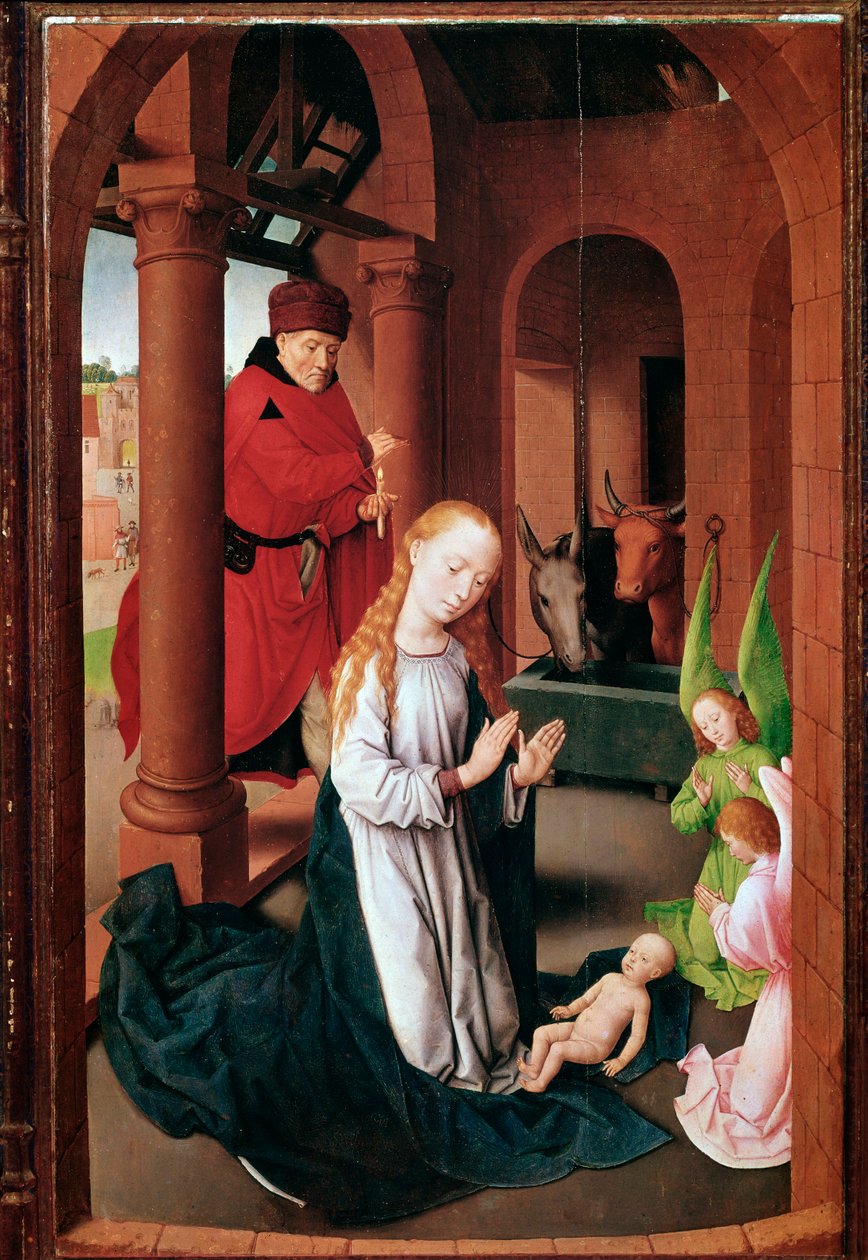 Prado triptichonja (vagy Mágusok imádása): Nativite bal oldali panel (Festmény, 1470 körül) alkotó: Hans Memling