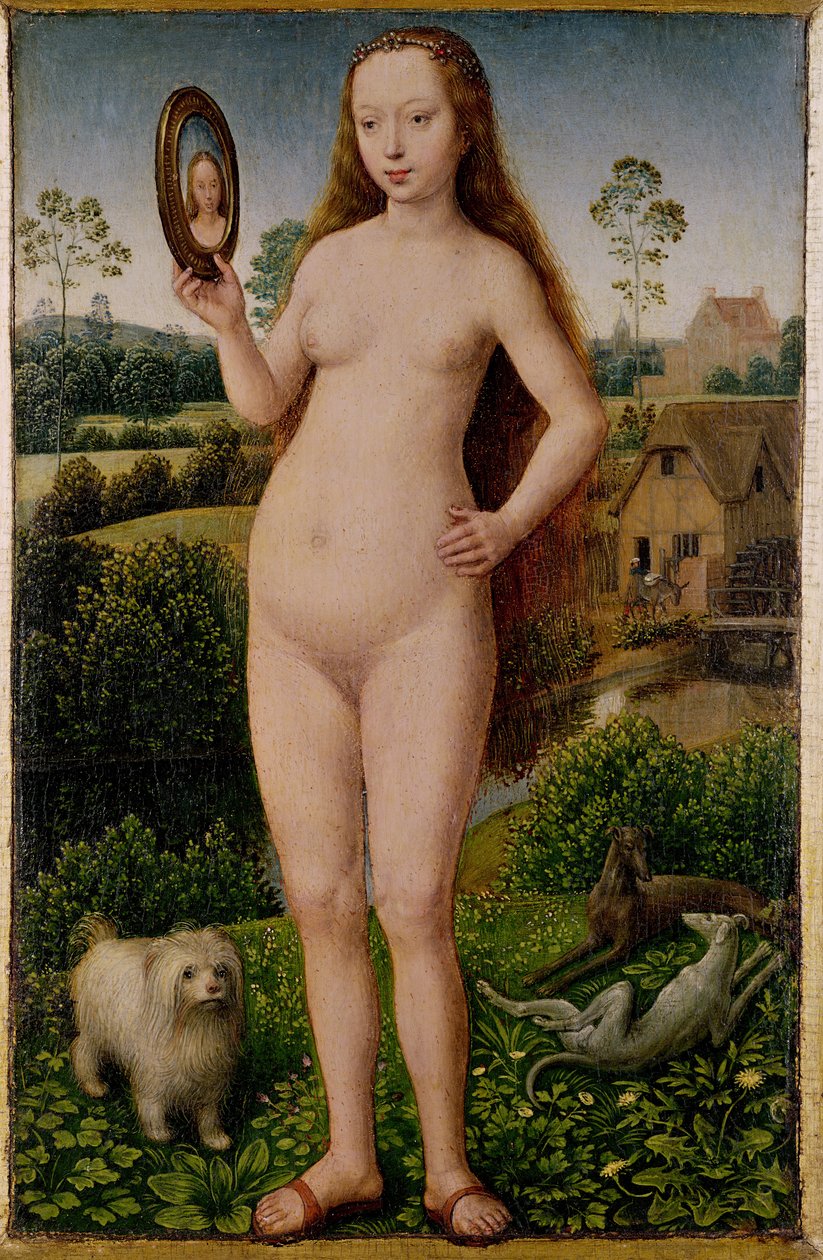 Hiúság, központi kép a Földi hiúság és isteni üdvösség triptichonjából, 1485 körül. alkotó: Hans Memling