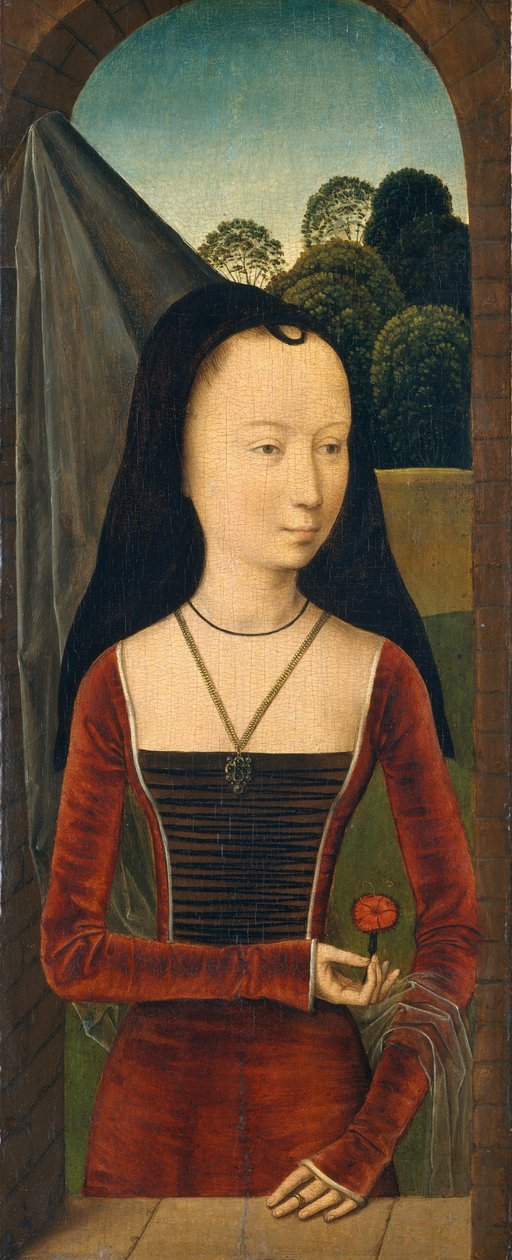 Fiatal nő rózsaszínnel, kb. 1485-90. alkotó: Hans Memling