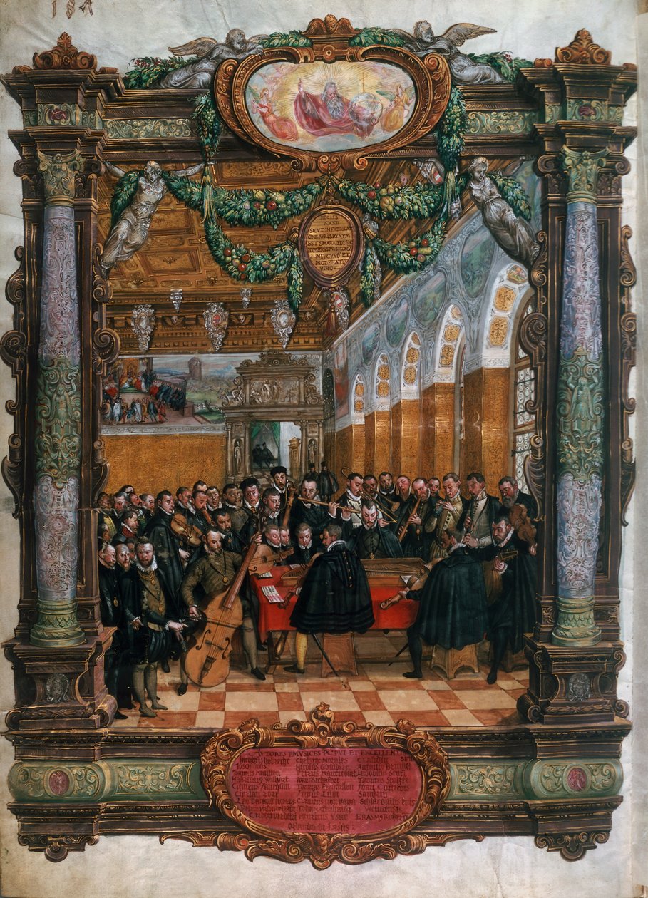 Orlando di Lasso (1532-1594), a bal alsó sarokban, V. Albrecht bajor herceg hangversenye a müncheni udvarban alkotó: Hans Mielich or Muelich