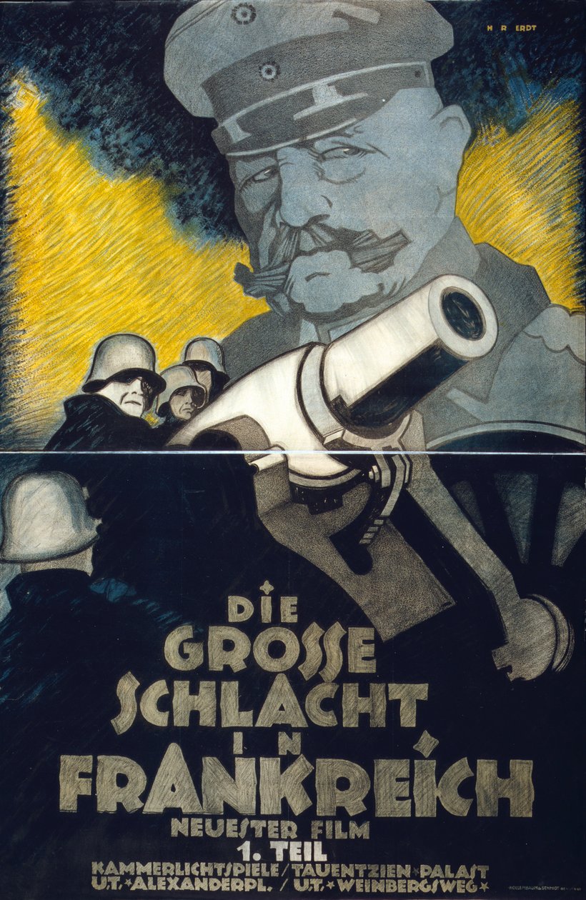A „Die Grosse Schlacht Frankreichben” című I. világháborús film plakátja I. rész (A nagy franciaországi csata): Német tüzérek aknavető körül. Hindenburg tábornagy a háttérben magasodik. Hans Rudi Erdt (1883-1918) német művész alkotó: Hans Rudi Erdt