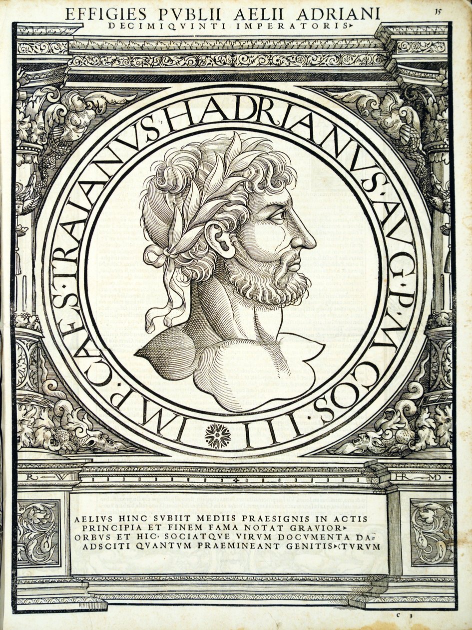 Aelius Hadrianus, egész kelet és nyugat római császárainak illusztrációja, az ókori pénzérmék legigazibb képei, Rudolph Wyssenbach fametszete, nyomta Andreas Gesner, Zuri alkotó: Hans Rudolf Manuel Deutsch