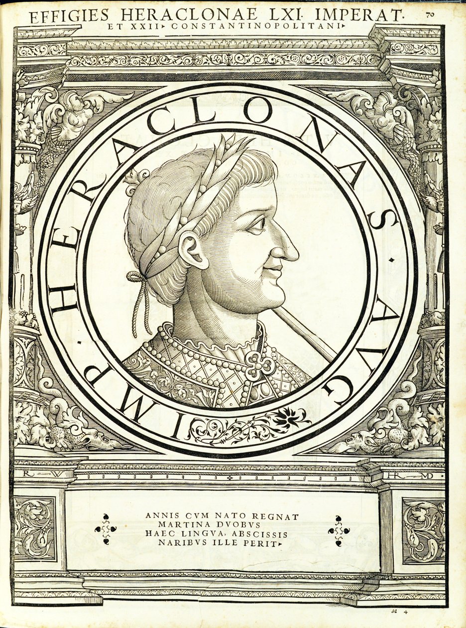 Heraclonas, illusztráció az "Imperatorum romanorum omnium orientalium et occidentalium verissimae imagines ex antiquis numismatis" című kötetből, Rudolph Wyssenbach fametszete, Andreas Gesner nyomdája, Zürich, alkotó: Hans Rudolf Manuel Deutsch
