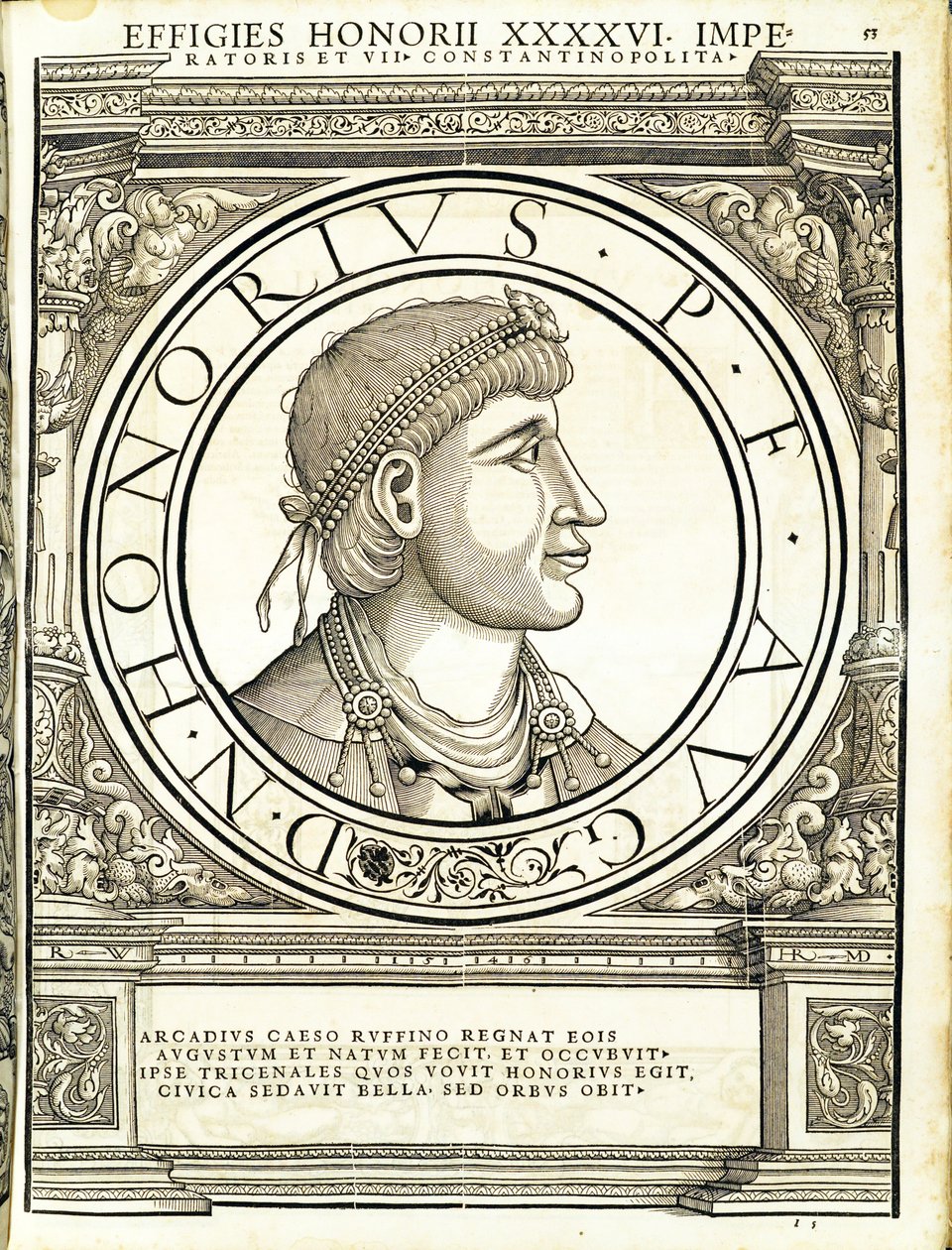 Honorius, illusztráció a „Minden Kelet és Nyugat római császárai” című könyvből, Rudolph Wyssenbach fametszete, nyomta: Andreas Gesner, Zürich, 15 alkotó: Hans Rudolf Manuel Deutsch