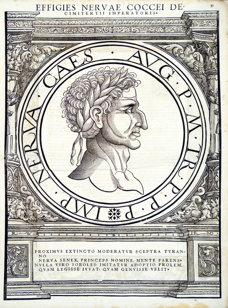 Nerva, illusztráció a „Minden kelet és nyugat római császáraiból”, Rudolph Wyssenbach fametszete, nyomta Andreas Gesner, Zürich, 1559 alkotó: Hans Rudolf Manuel Deutsch