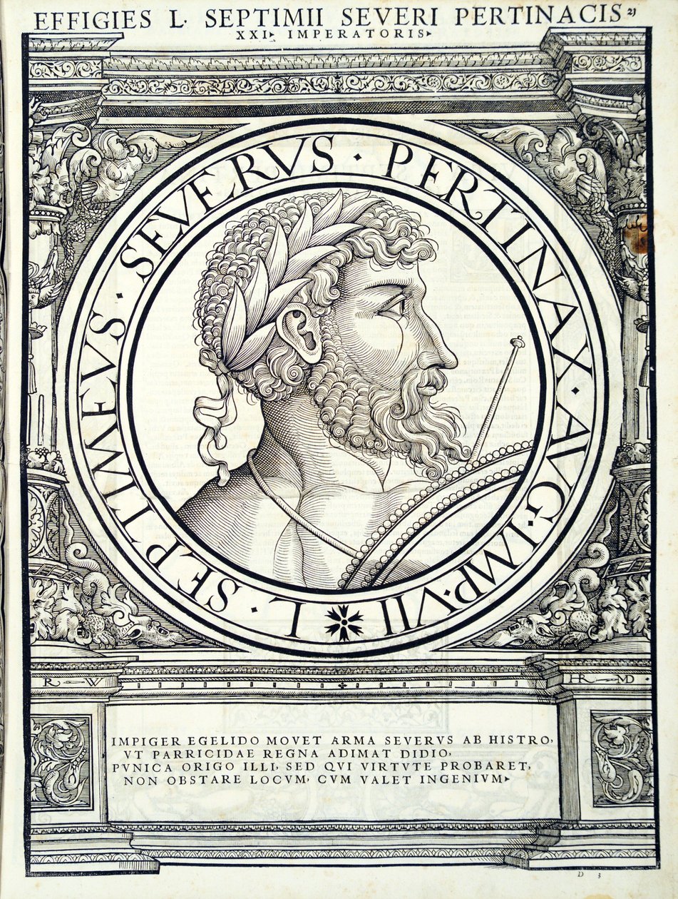 Septimus Seuerus, illusztráció az "Imperatorum romanorum omnium orientalium et occidentalium verissimae imagines ex antiquis numismatis" című kötetből, Rudolph Wyssenbach fametszete, Andreas Gesner, Zu nyomda alkotó: Hans Rudolf Manuel Deutsch