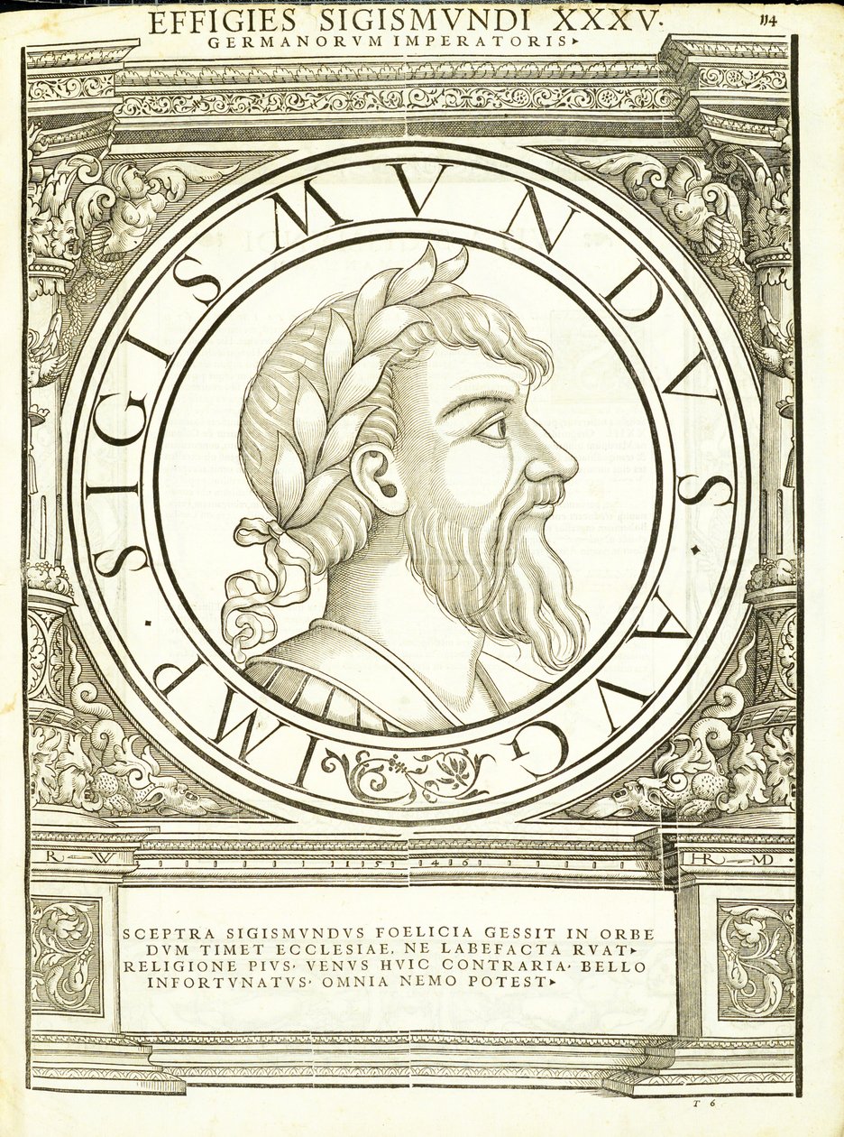 Zsigmond, illusztráció a „Minden kelet és nyugat római császárai” című könyvből, Rudolph Wyssenbach fametszete, nyomta Andreas Gesner, Zürich, alkotó: Hans Rudolf Manuel Deutsch