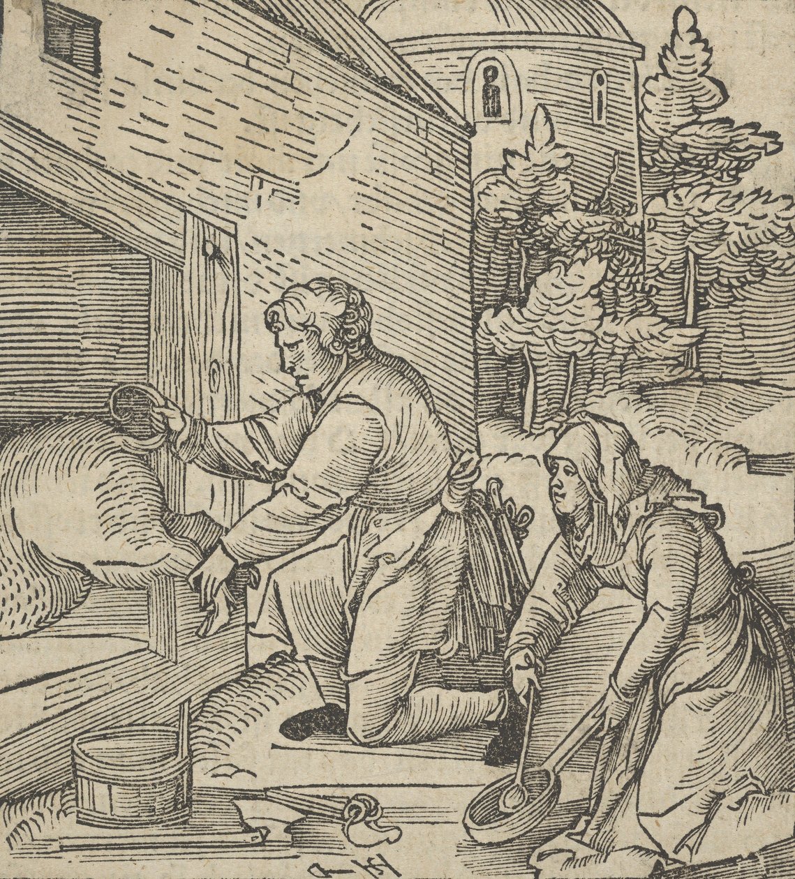 Egy disznót vágó gazda, a Hymmelwagen auff dem, wer wol leben...-ből, 1517. alkotó: Hans Schäufelein the Elder