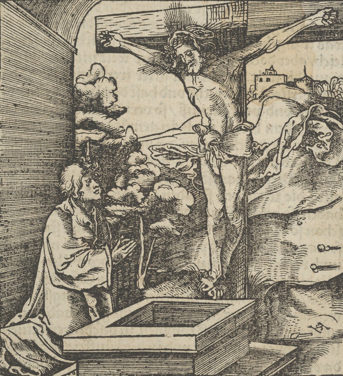 Egy ember, aki egy feszület előtt imádkozik, a Hymmelwagen auff dem, wer wol Leben...-ből, 1517. alkotó: Hans Schäufelein the Elder
