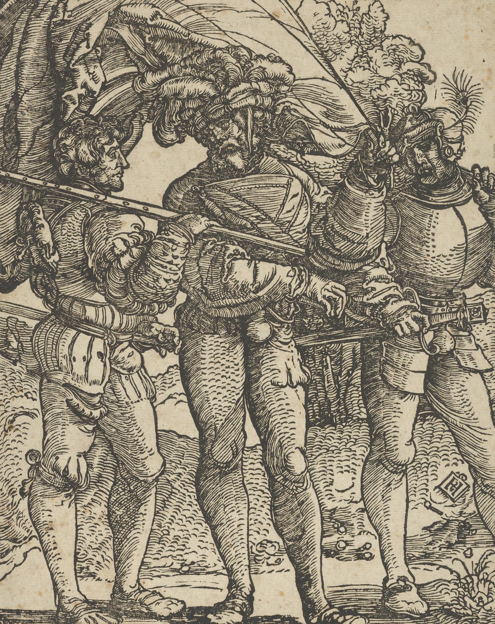 Egy Szabványhordozó, amelyet egy Lansquenet szegélyez mindkét oldalán. alkotó: Hans Schäufelein the Elder