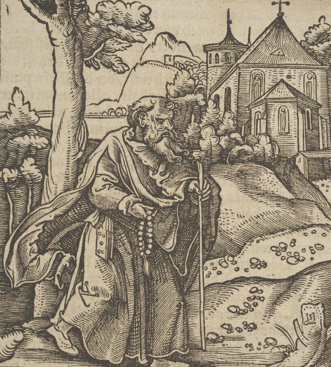 Egy öreg zarándok jobbra sétál, a Hymmelwagen auff dem, wer wol Leben...-ből, 1517. alkotó: Hans Schäufelein the Elder