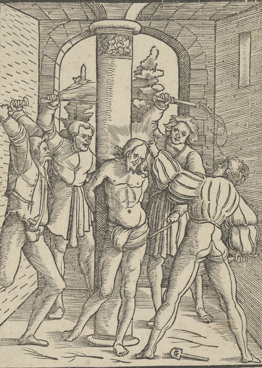 Krisztus megkorbácsolt, Jézus Krisztus tanítása, élete és szenvedése, 1537-ből. alkotó: Hans Schäufelein the Elder