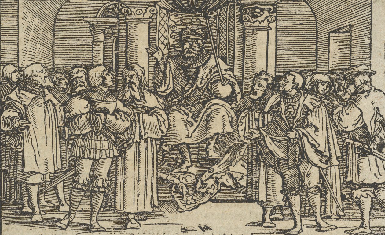 Athén és Korinthosz képviselői Spárta királya, Arkhidamas udvarában, a..., 1533-ból. alkotó: Hans Schäufelein the Elder