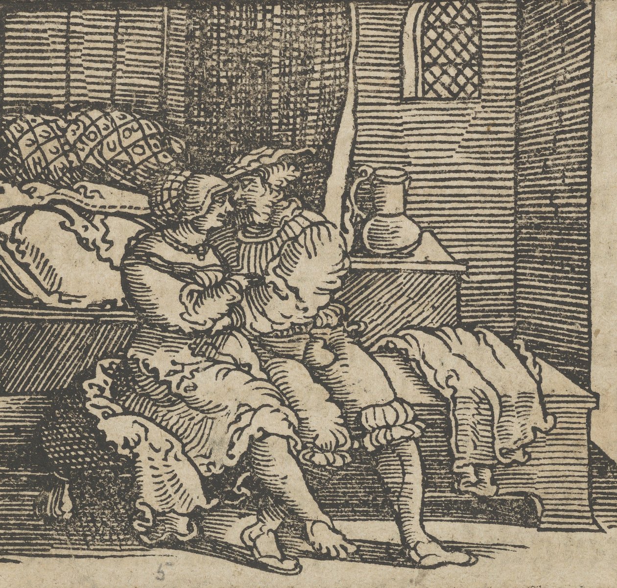 Spinneloccio egy ládába zárva, amelyen felesége és Zeppa ül, a The...-ből, 1534 előtt. alkotó: Hans Schäufelein the Elder
