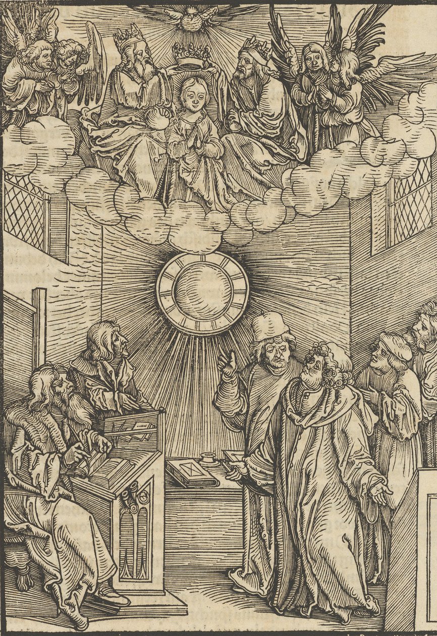 A szerző írója a Layenspiegel-t, a Szentháromságot és a Szűzanyát a felső központban, 1511-ből .... alkotó: Hans Schäufelein the Elder