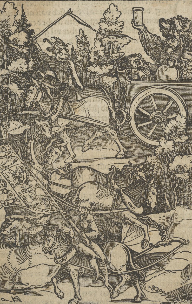 A részeg ember szekéren a pokolba vezető úton, Hymmelwagentől a ki él…, 1517. alkotó: Hans Schäufelein the Elder