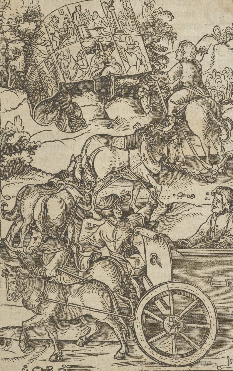 Az erényes ember szekéren a mennybe vezető úton, Hymmelwagen auff dem, wer wol leb..., 1517-ből. alkotó: Hans Schäufelein the Elder