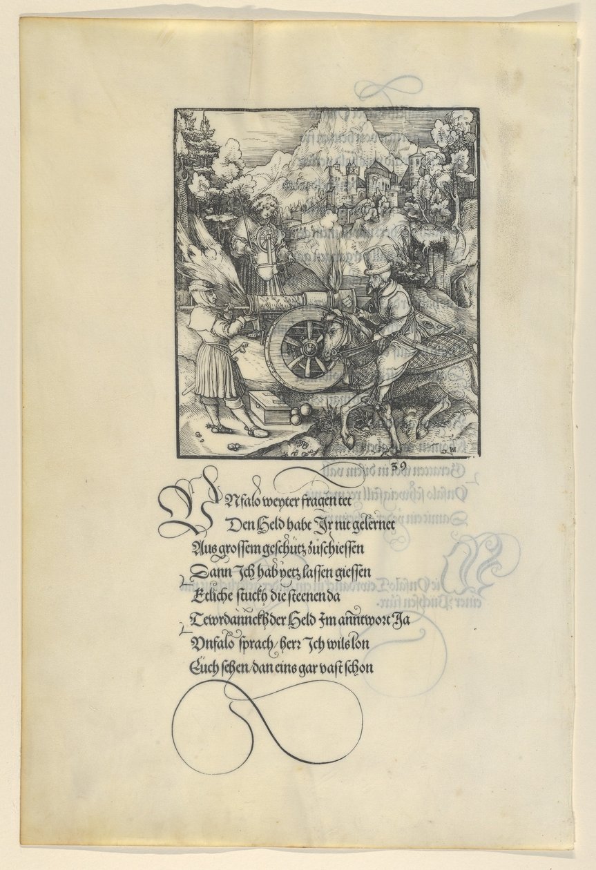 Az Unfalo veszélyezteti Theuerdanckot ágyúsütés közben, Theuerdanckból, 1517. alkotó: Hans Schäufelein the Elder