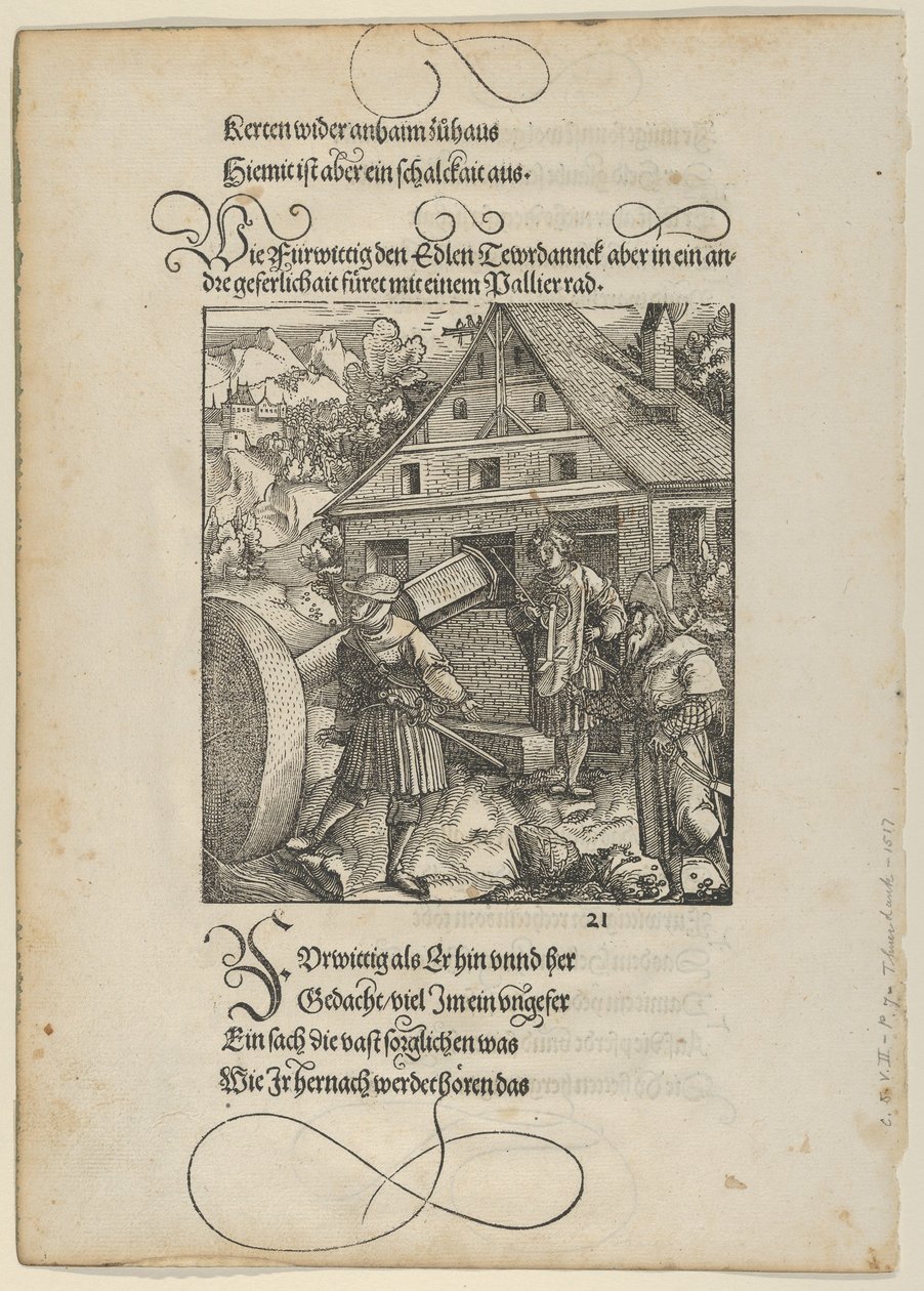 Fürwittig sürgetésére Theuerdanck megpróbál manipulálni egy csiszolókövet, Theuerdanckból,..., 1517. alkotó: Hans Schäufelein the Elder