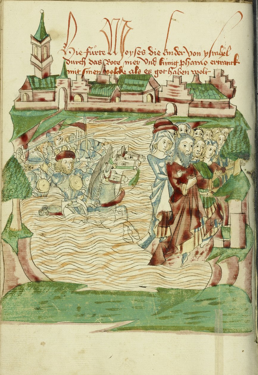 A Vörös-tengeren való átkelés Ludwig asszony XV 9 fol. 56v, 1469 (tinta, színmosás és tempera papíron) alkotó: Hans Schilling