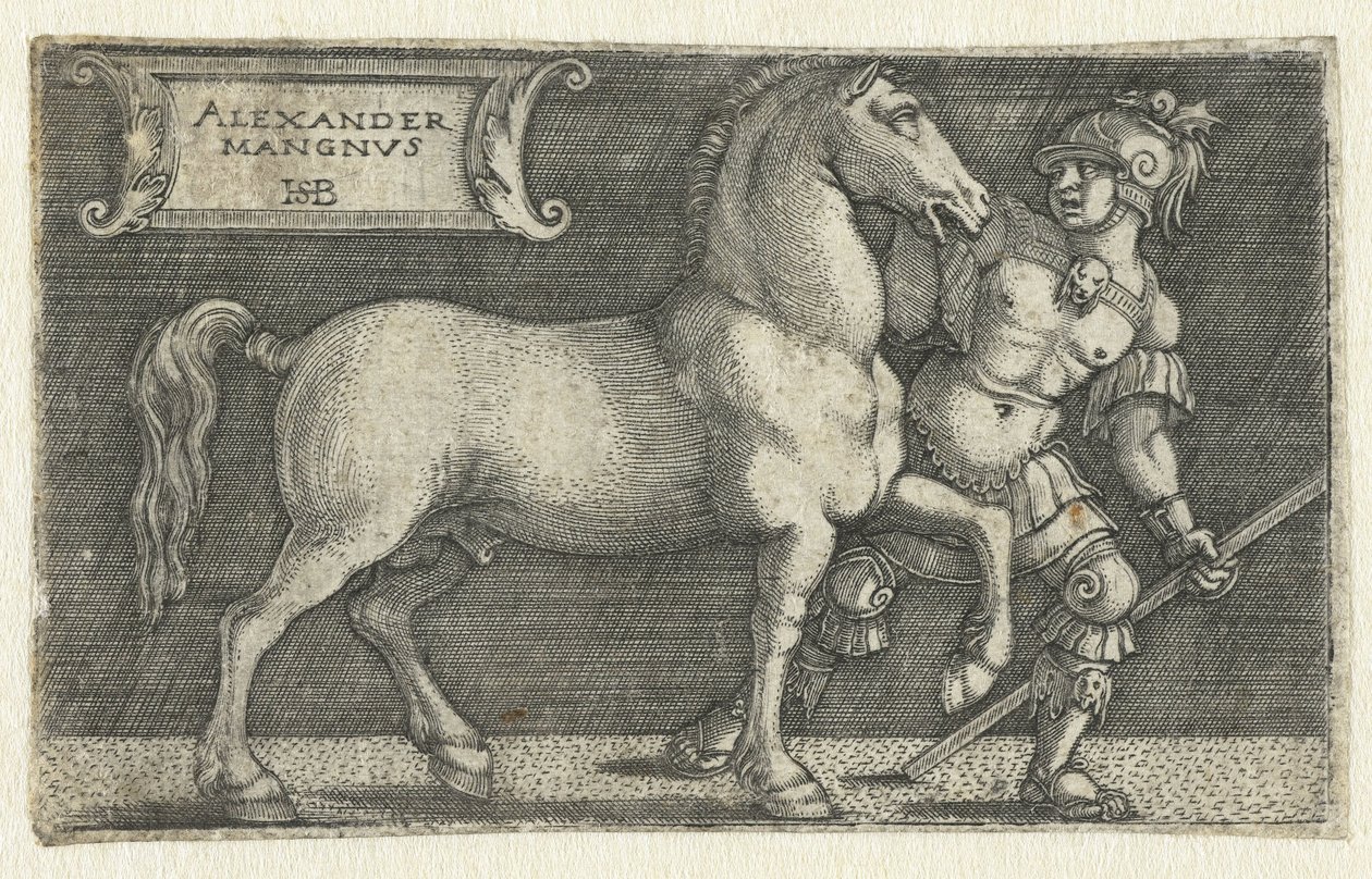 Nagy Sándor lovával, Bucephalusszal Alexander Mangnvs (cím a tárgyon) alkotó: Hans Sebald Beham