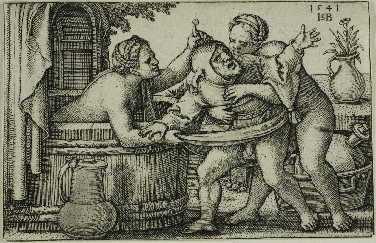 Buffoon és két fürdőző nő alkotó: Hans Sebald Beham