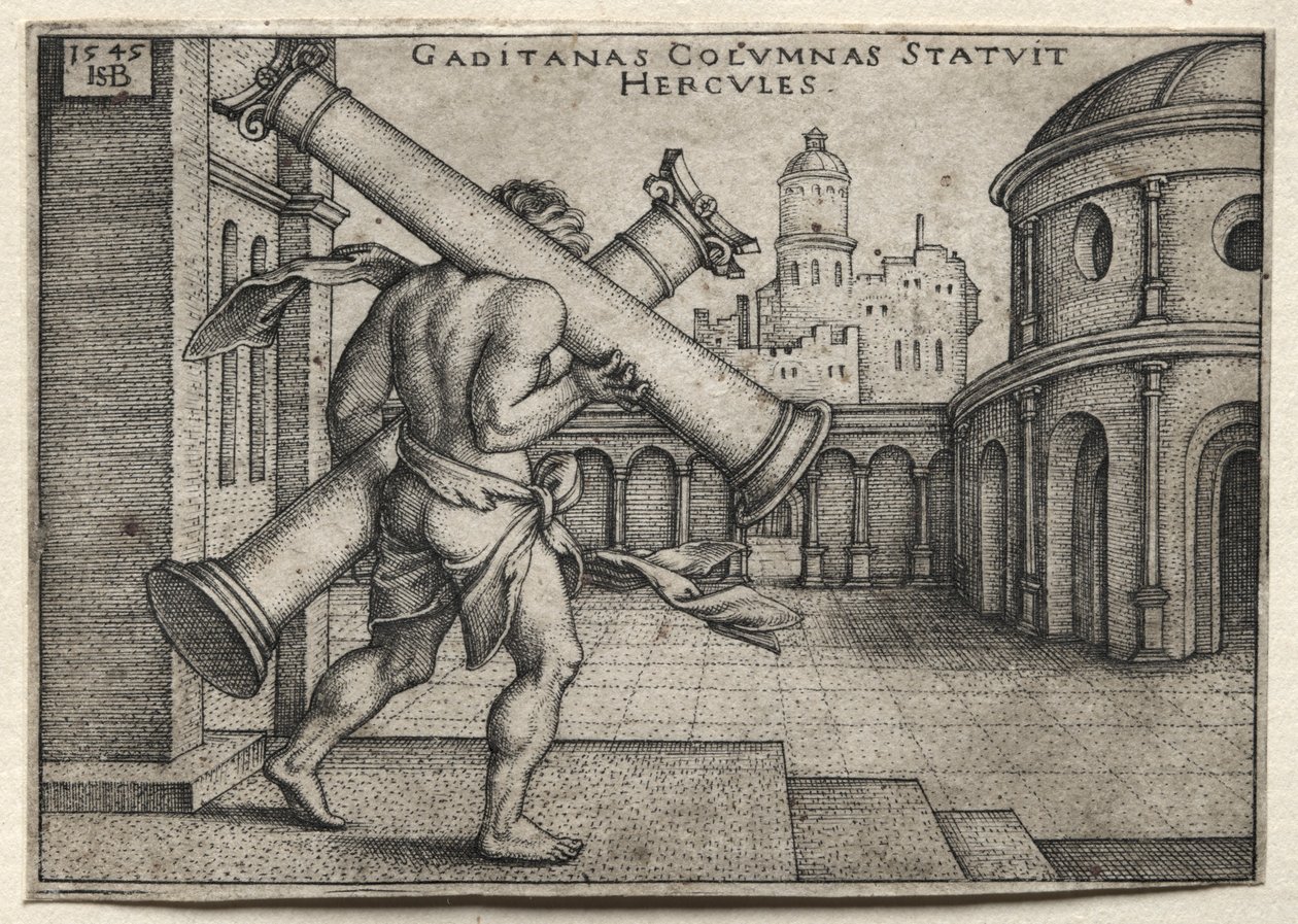 Herkules munkássága: Herkules a Gades oszlopait cipelve, 1545. alkotó: Hans Sebald Beham