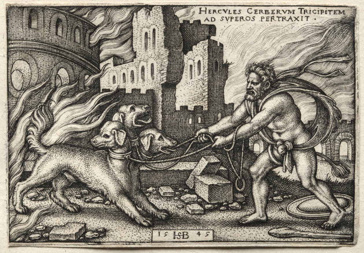 Herkules munkássága: Herkules kirángatja Cerberust az alvilágból, 1545. alkotó: Hans Sebald Beham