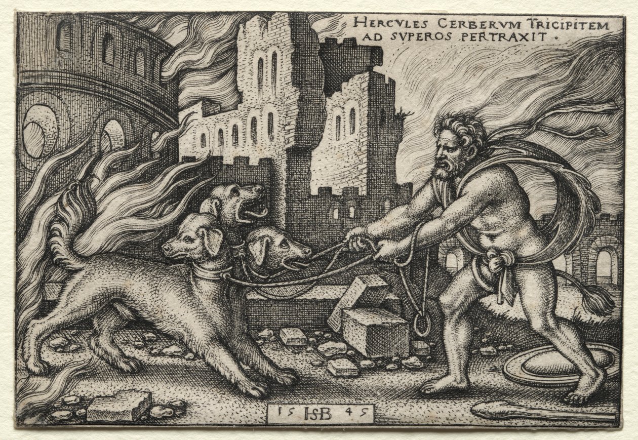 Herkules munkássága: Herkules kirángatja Cerberust az alvilágból, 1545. alkotó: Hans Sebald Beham