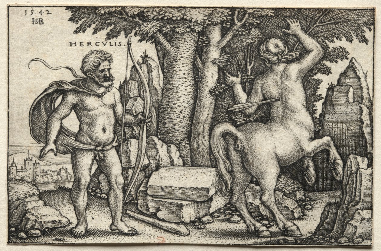 Herkules munkássága: Herkules lelövi Neszuszt, 1542. alkotó: Hans Sebald Beham