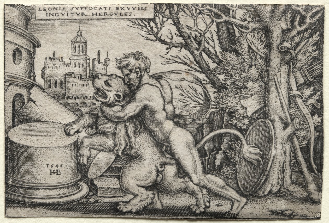 Herkules munkássága: Herkules, aki megfojtja a nemeai oroszlánt, 1548. alkotó: Hans Sebald Beham