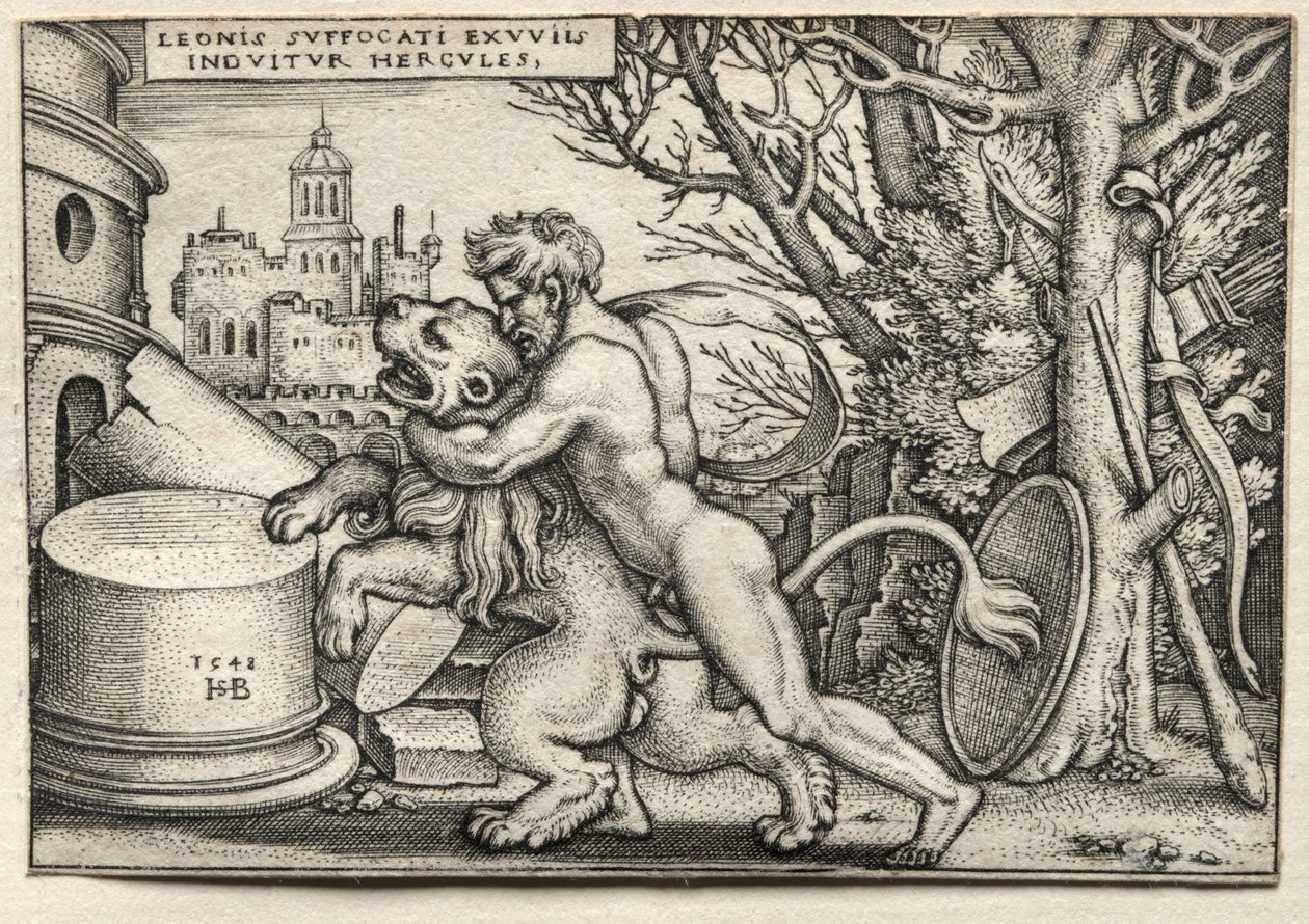 Herkules munkássága: Herkules, aki megfojtja a nemeai oroszlánt, 1548. alkotó: Hans Sebald Beham