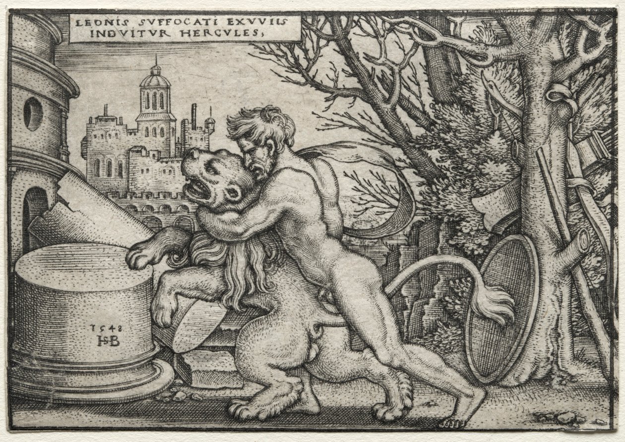 Herkules munkássága: Herkules, aki megfojtja a nemeai oroszlánt, 1548. alkotó: Hans Sebald Beham