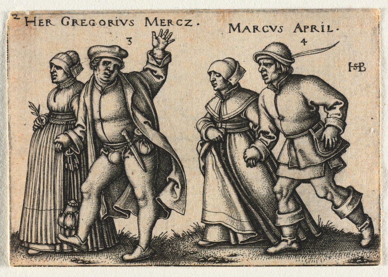 A parasztlakodalom vagy a tizenkét hónap: 3-Her Gregorius Mercz 4-Marcus 1546. április. alkotó: Hans Sebald Beham