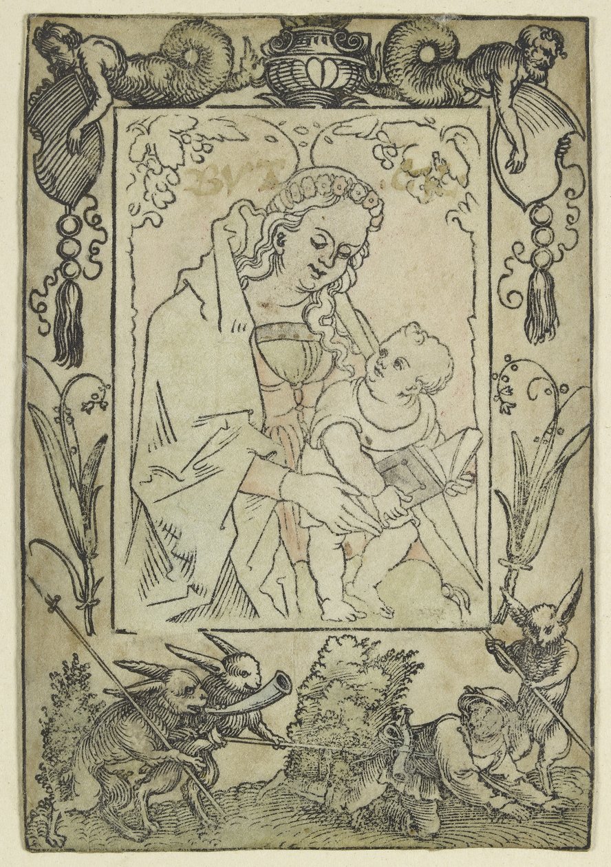 A Szűz és a Gyermek határvonallal körülvéve egy Vadász és néhány nyúl (fametszet, túlhajszolt akvarellel, pergamenre nyomtatva) alkotó: Hans Sebald Beham