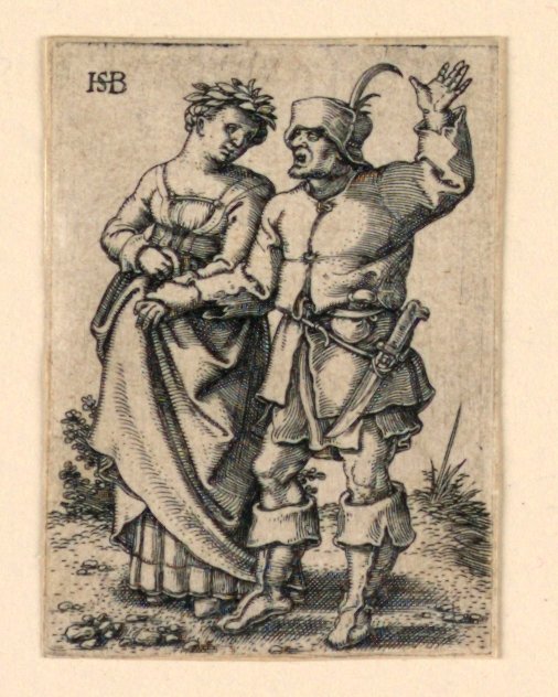 Az esküvői menet: pár balra sétál, nő koszorút visel alkotó: Hans Sebald Beham