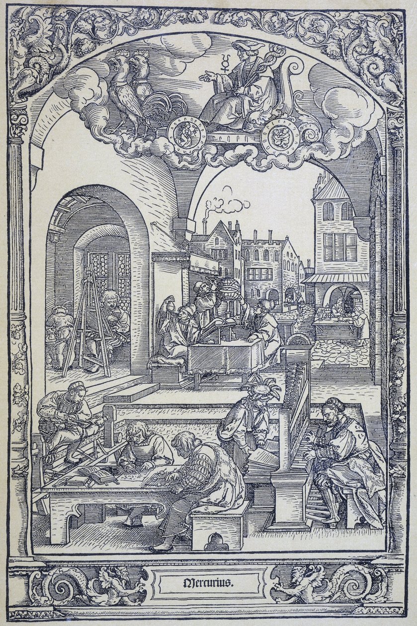 A Merkúr bolygó és művészek, tudósok és technikusok, c1535 (metszet) alkotó: Hans Sebald Beham