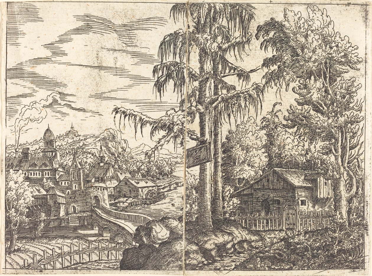 Táj, kilátással egy gazdakunyhóra és egy folyó melletti városra, 1551. alkotó: Hans Sebald Lautensack
