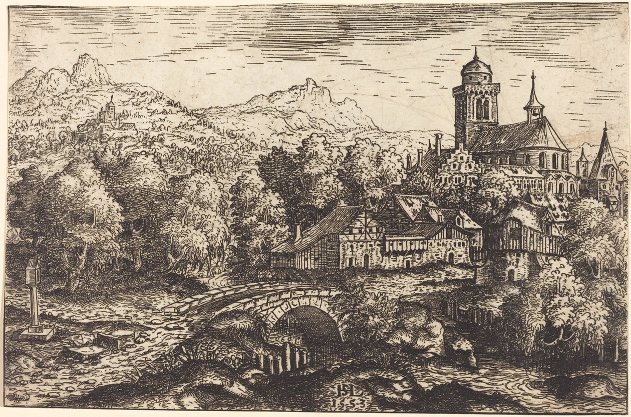 Hegyvidéki táj faluval, 1553. alkotó: Hans Sebald Lautensack