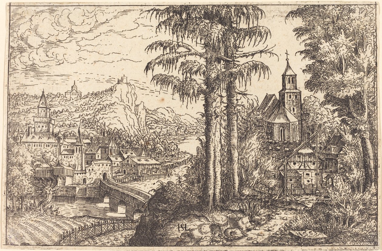 Kilátás egy folyóhoz közeli városra, jobb oldalon egy templommal, 1553. alkotó: Hans Sebald Lautensack
