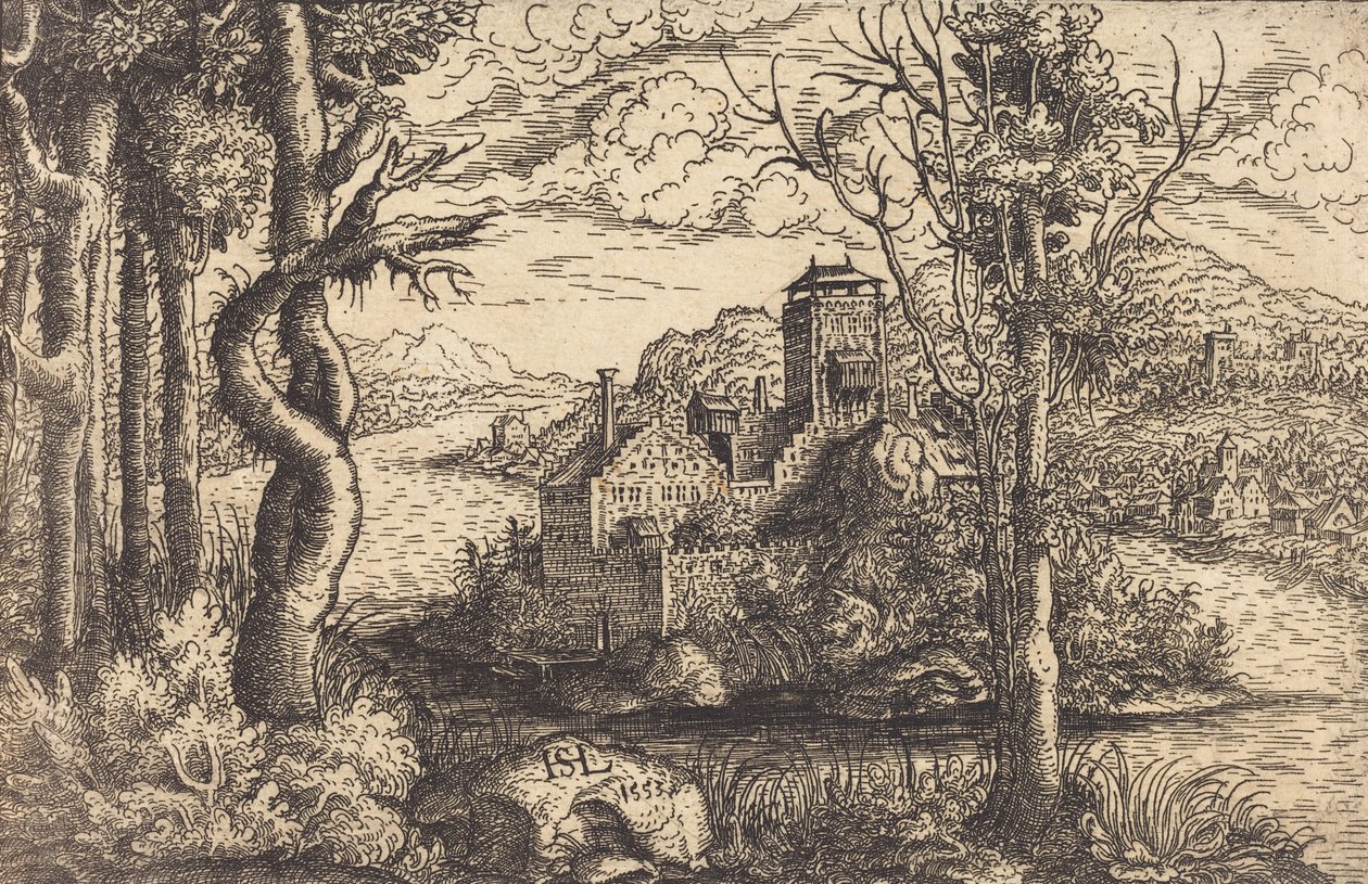 Kilátás a folyóra, vár a szigeten, 1553. alkotó: Hans Sebald Lautensack