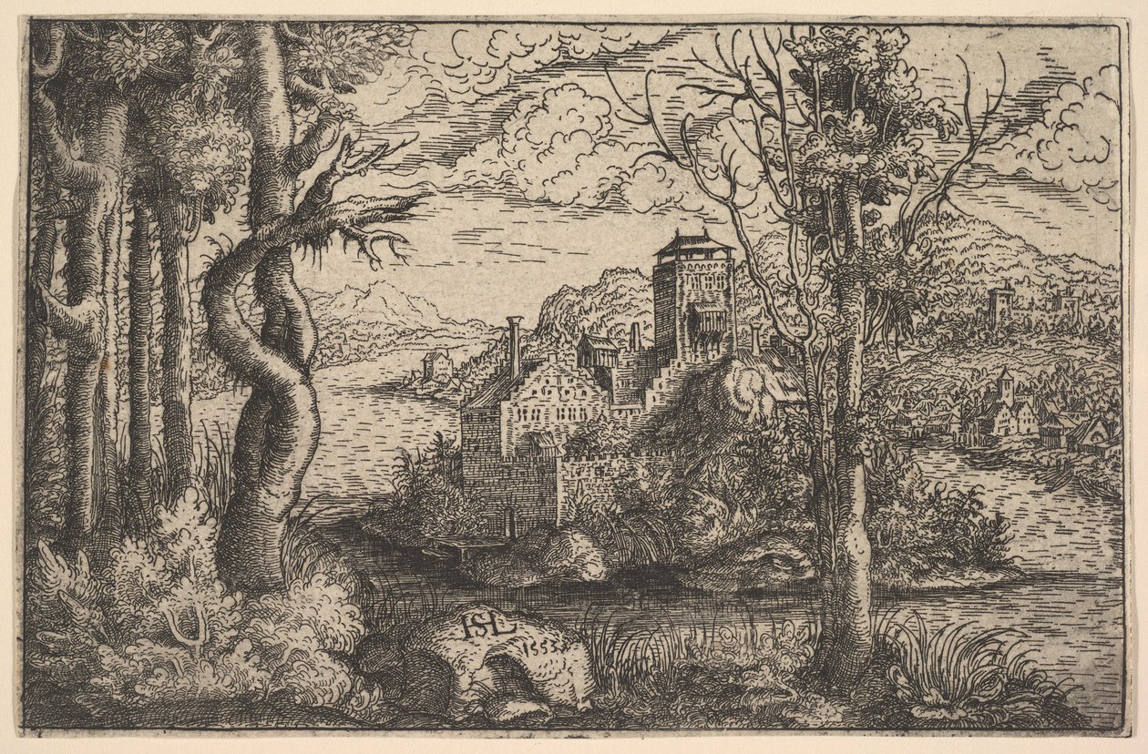 Kilátás a folyóra, vár a szigeten, 1553. alkotó: Hans Sebald Lautensack
