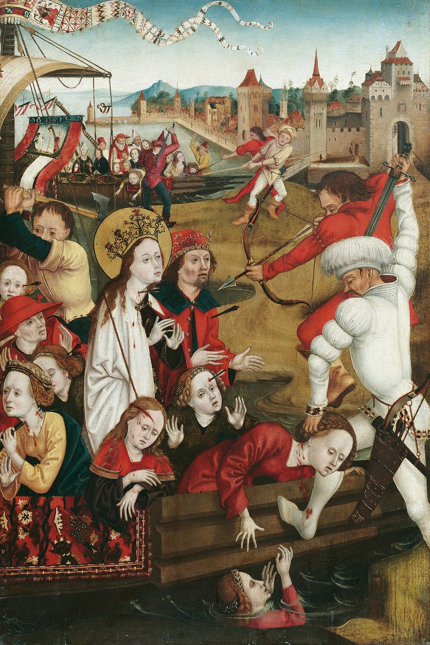 Szent Mártíromság. Ursula és társai (előlap); Egy szent alakjának alsó fele (fordítva) alkotó: Hans Siebenbürger