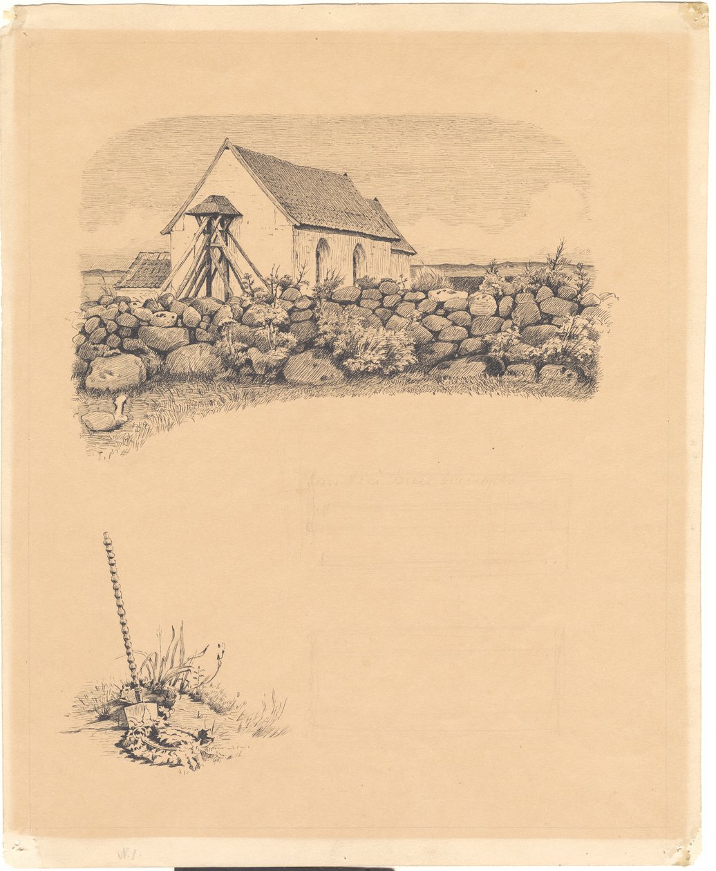 Illusztráció St. Utca. Fehérítők: "Mowns". F.o.: kövek mögötti templom; f.n.: sírhely (?) ásóval alkotó: Hans Smidth