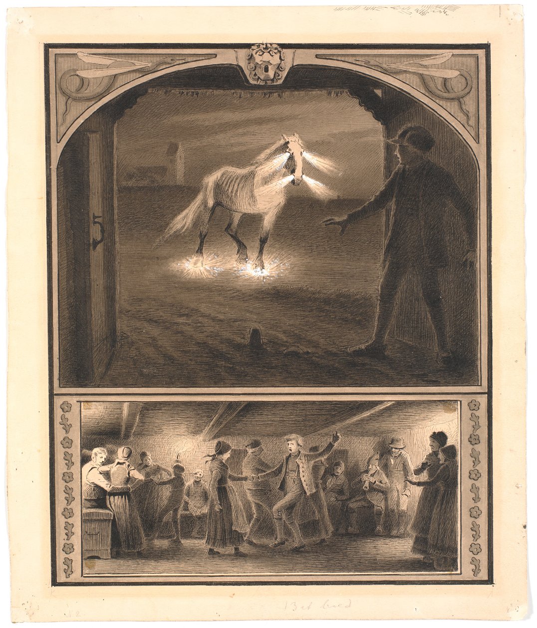 Illusztráció St. Utca. Fehérítők: "Mowns". Az egész ló és Mowns; f.n.: tánc a parasztházban alkotó: Hans Smidth