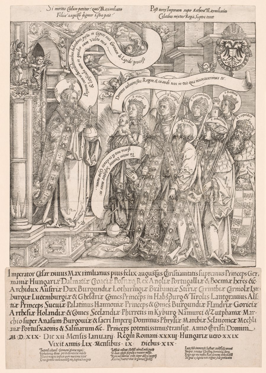 Maximilian védőszentjei bemutatták a Mindenhatónak, 1519. alkotó: Hans Springinklee