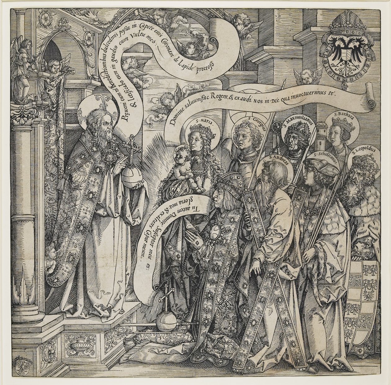 Maximilian védőszentjei bemutatták a Mindenhatónak, 1519 alkotó: Hans Springinklee